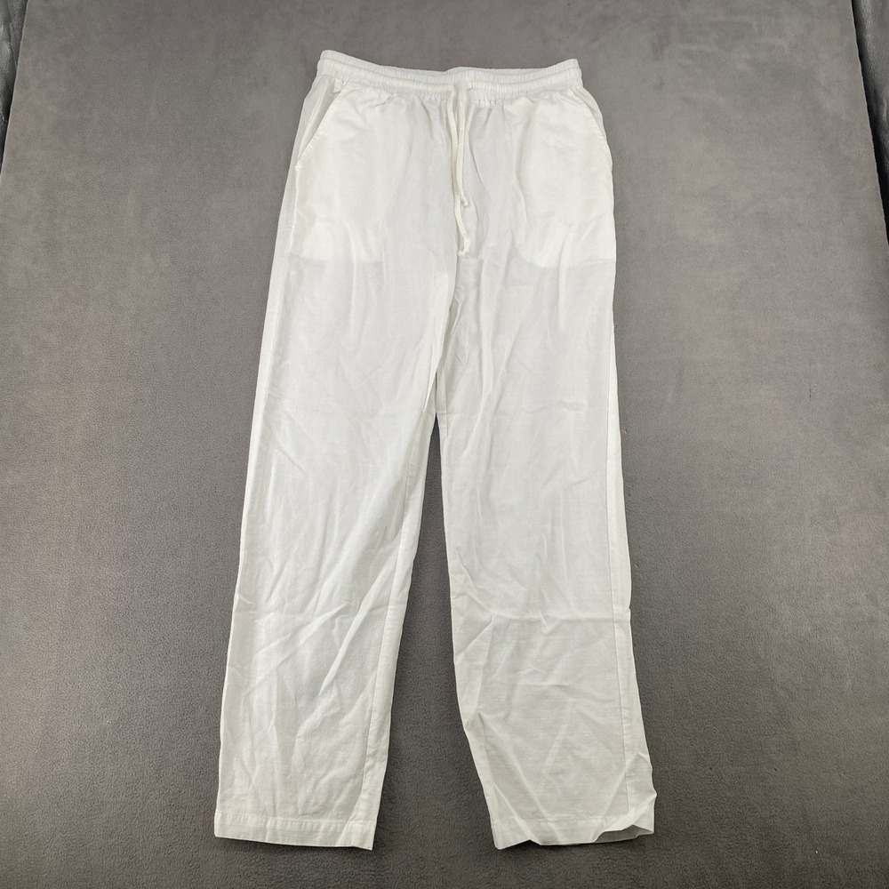 Coofandy Mens White Cotton Linen Blend Drawstring Beach Pants Size M
